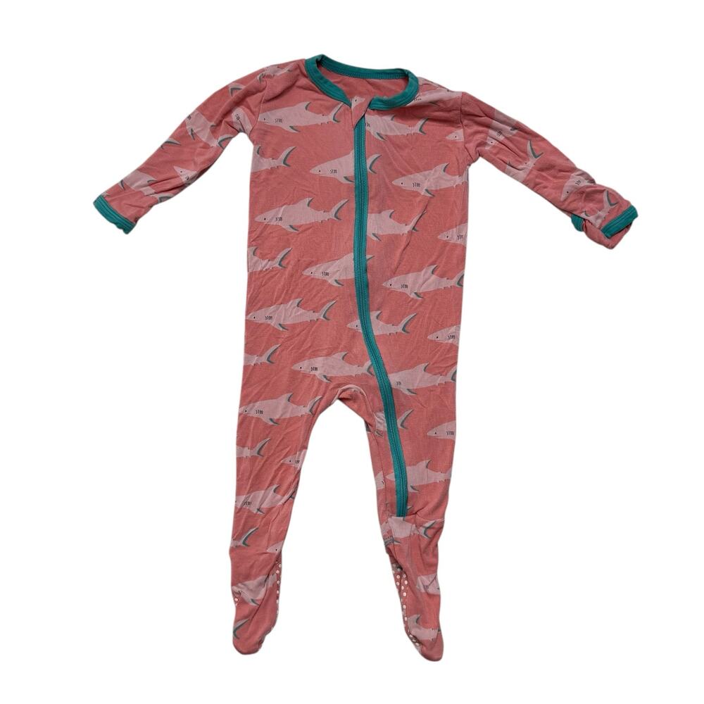 KICKEE PANTS Pink Sharks Zip Up One Piece Pajama Size 3-6 Months Bamboo Viscose